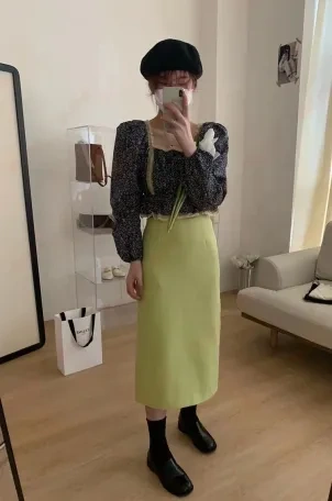 midi green skirt matching set